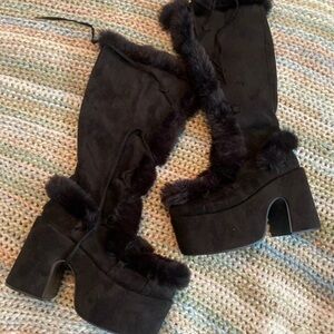 New Look Black Faux Suede Platform Over-The-Knee Fur Trim Boots